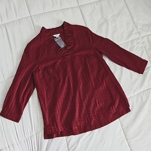 NWT Crown & Ivy Women's Cranberry Ruffled V-Neck 3/4 Sleeves Tunic Top Size M